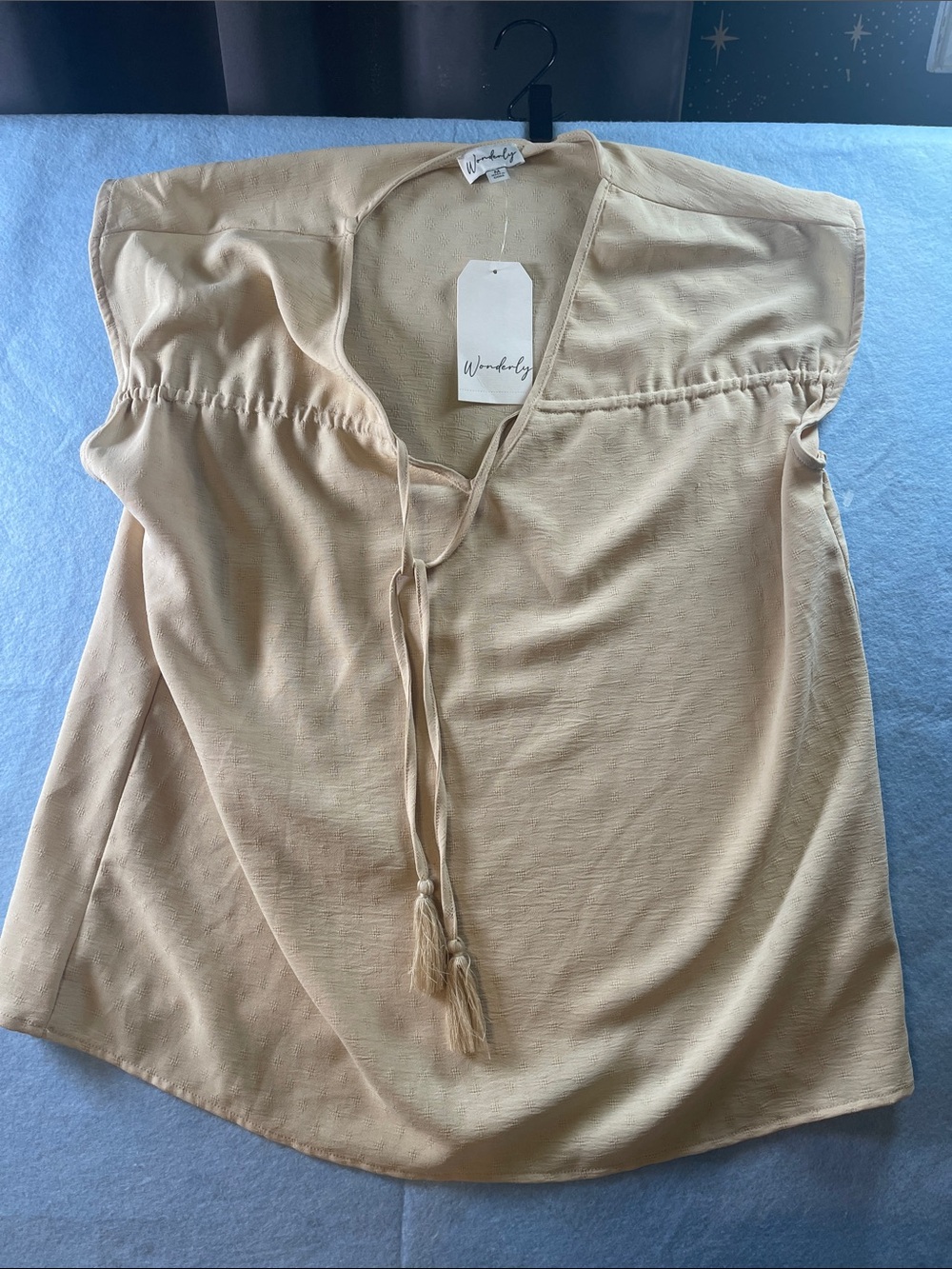 Wonderly Beige Tie-Front Peasant Blouse